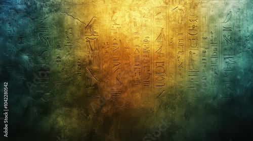 Hieroglyph symbols etched into glowing stone-like textures with deep gradients of gold and blue