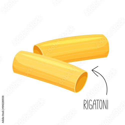 Dry raw italian pasta rigatoni with lettering isolated on white background.