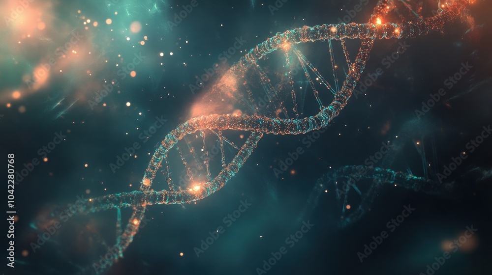 DNA helix structures glow in a misty backdrop with liquid-like textures and starry particles fading into darkness