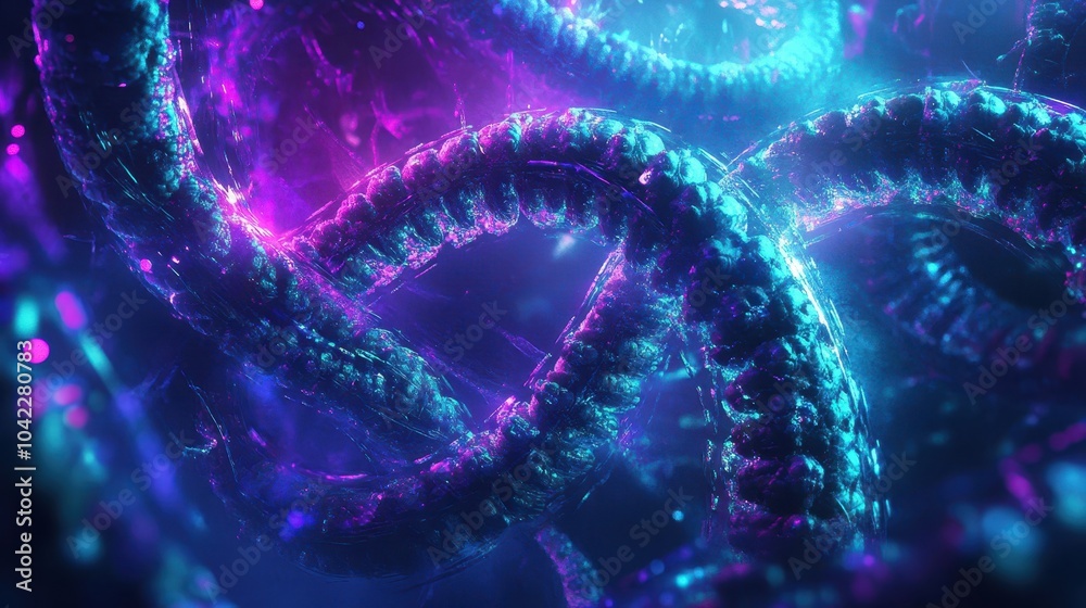 Swirling DNA strands glow in liquid-like textures with gradients of turquoise and violet and soft lights Swirling DNA strands glow in liquid-like textures with gradients of turquoise and violet and soft lights