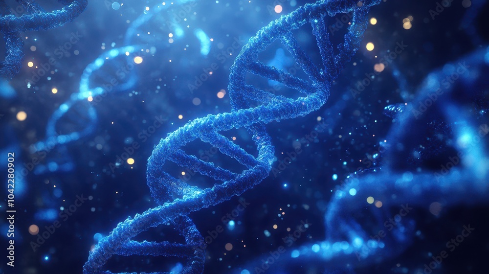 Abstract backdrop of glowing DNA strands floating in a misty environment with soft blue gradients Abstract backdrop of glowing DNA strands floating in a misty environment with soft blue gradients