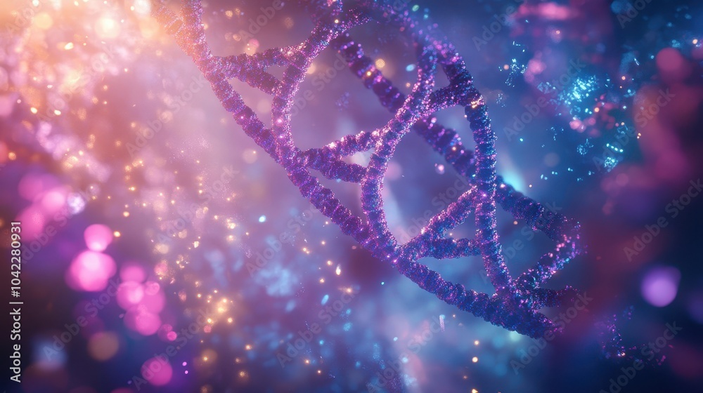 DNA helix structures glow in a fluid environment with dark blue-violet gradients and swirling light effects DNA helix structures glow in a fluid environment with dark blue-violet gradients and swirling light effects