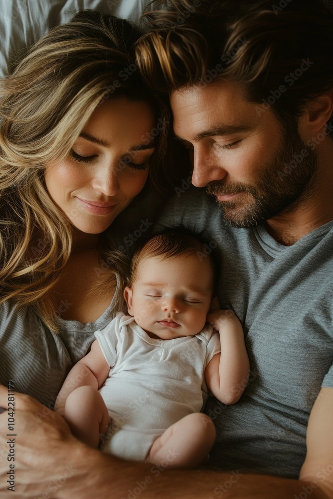 loving parents with their sleeping newborn in bed – ideal for family, love, and parenting themes loving parents with their sleeping newborn in bed – ideal for family, love, and parenting themes