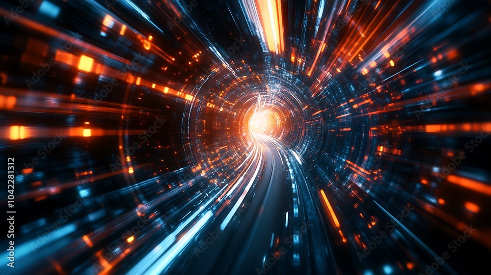 Futuristic Tunnel of Neon Lights and Speed Motion Display Image Futuristic Tunnel of Neon Lights and Speed Motion Display Image