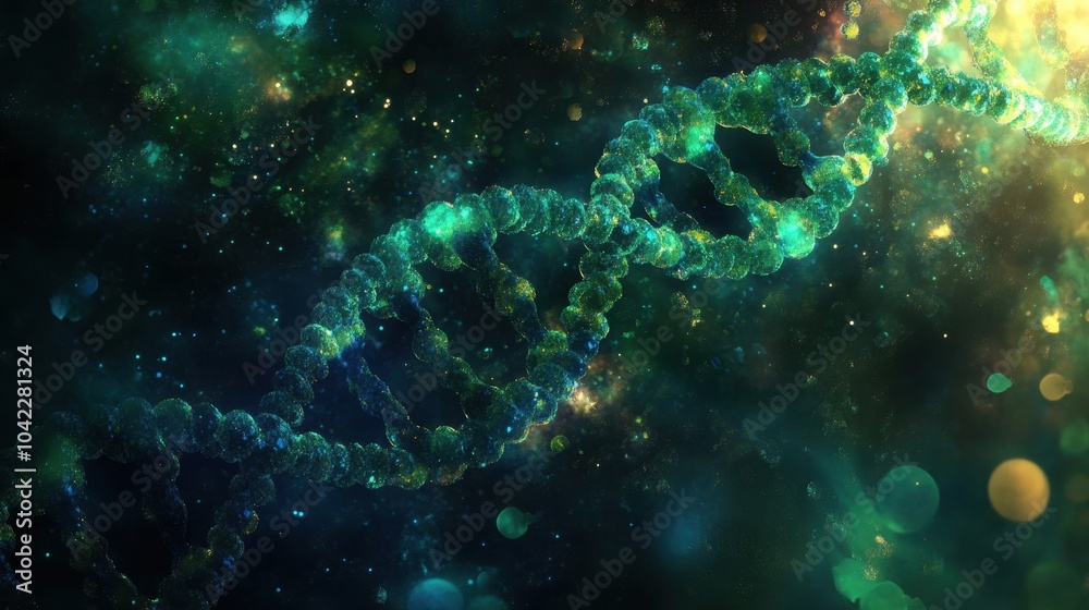 Abstract DNA backdrop with glowing helix floating in misty textures and light effects Abstract DNA backdrop with glowing helix floating in misty textures and light effects