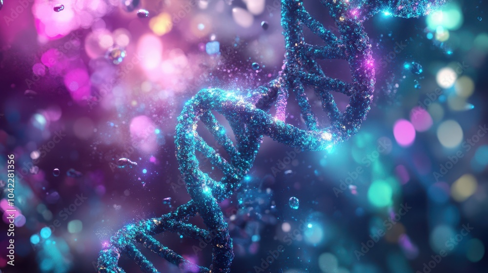 Glowing DNA helix suspended in a fluid-like texture surrounded by neon light and gradients Glowing DNA helix suspended in a fluid-like texture surrounded by neon light and gradients