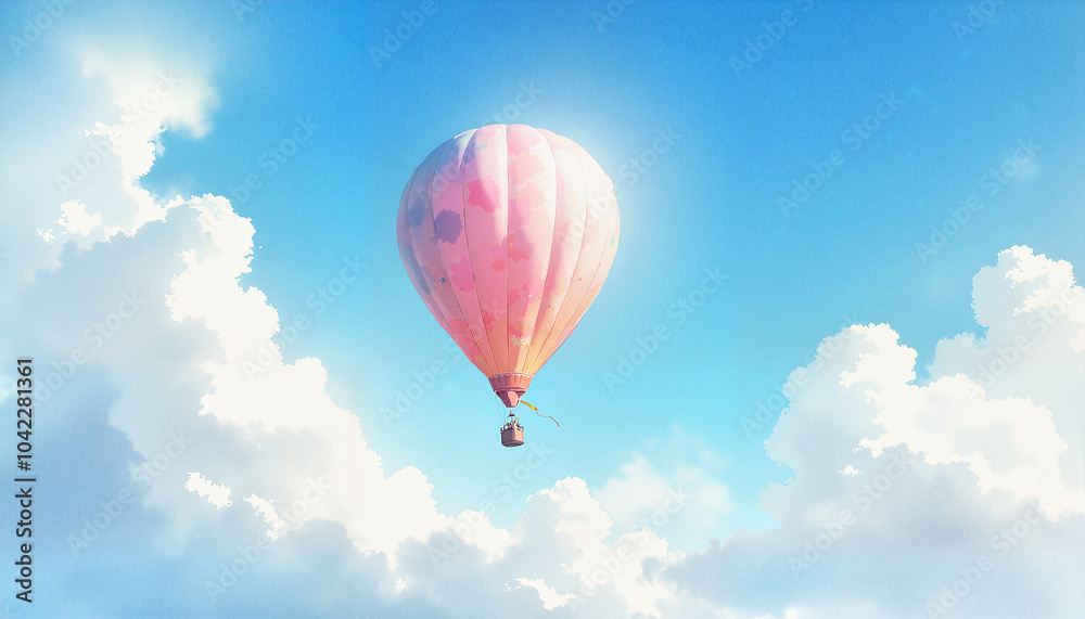 Fototapeta premium Colorful hot air balloon soaring through a bright blue sky with fluffy white clouds