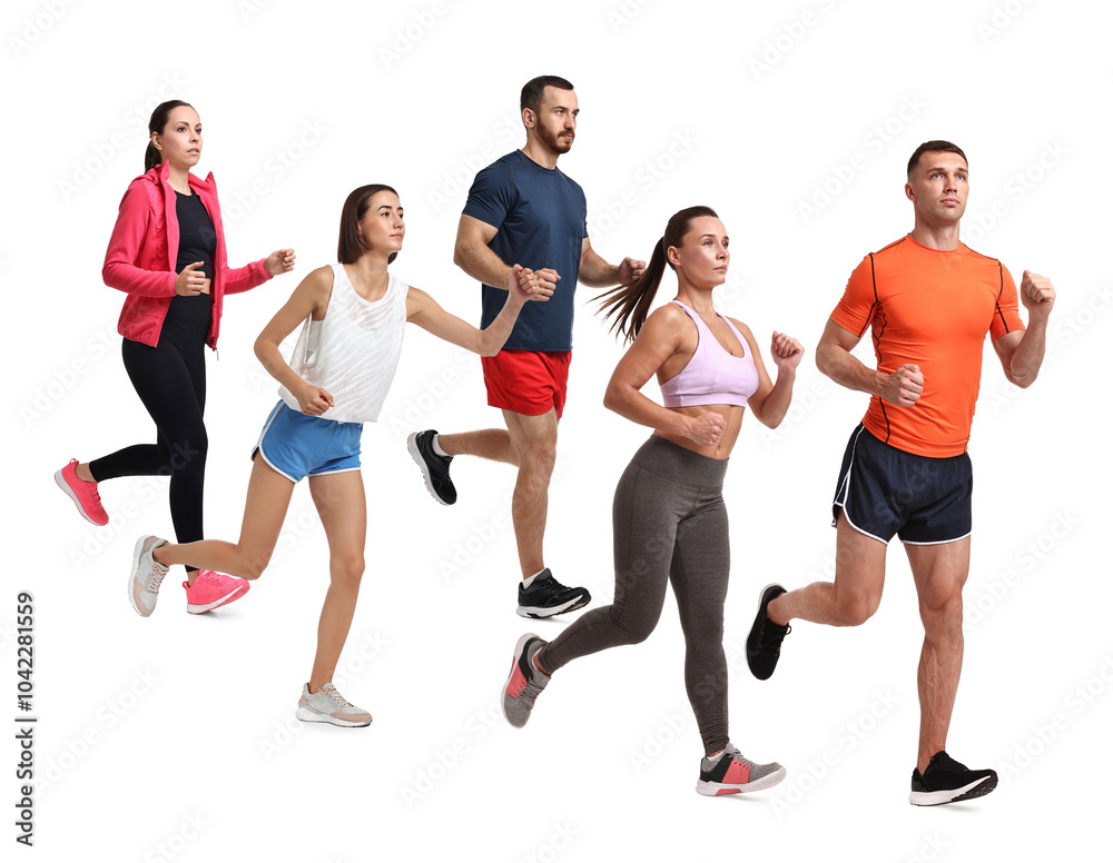 Fototapeta premium People in sportswear running on white background