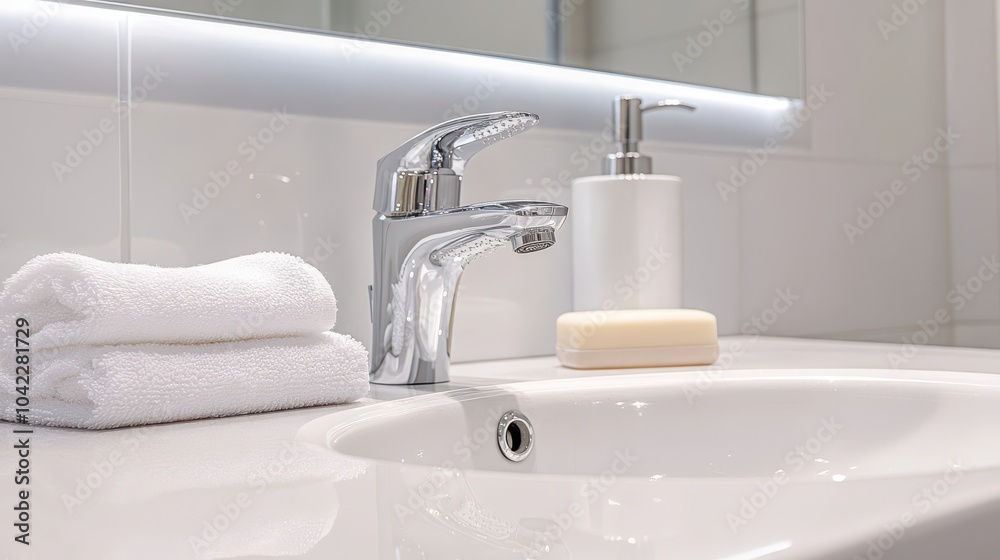 Fototapeta premium A clean bathroom sink with chrome fixtures and ample space for copy on the white wall