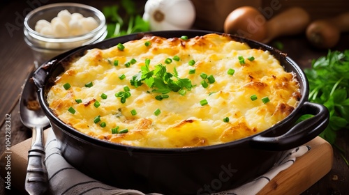 Wallpaper Mural Deliciously baked cheesy potato casserole with herbs served in a rustic dish on a wooden table Torontodigital.ca