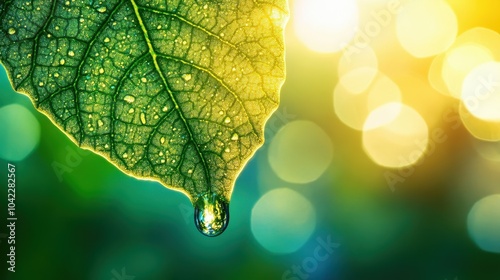 Wallpaper of wet leaf with water droplet sliding down blurred green background photo