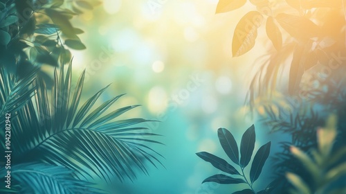 Abstract plant composition wallpaper with tropical leaves soft sunlight and blurred blue-green backdrop