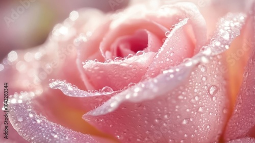 Close-up of pink rose petals with tiny dewdrops reflecting light against a smooth dark background photo