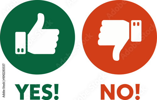 Vector Illustration of Circular 'YES!' and 'NO!' Buttons with Thumbs-Up and Thumbs-Down Icons