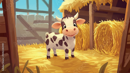 Little Cow Standing On The Hay In The Stable Cartoon Illustration Featuring A Cute Playful Expression Surrounded By Wooden Beams And Farm Elements Charming Rustic Atmosphere
