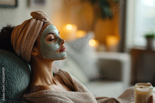 Woman wearing a facial mask, looking out of window. photo