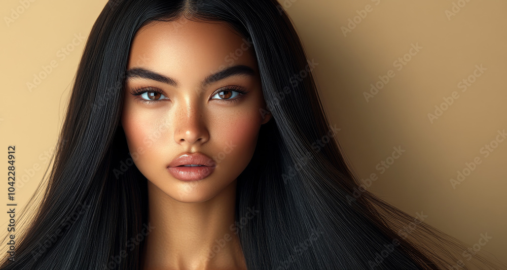 A woman with long, dark hair and a tan background. She has a nice smile and is looking straight ahead A woman with long, dark hair and a tan background. She has a nice smile and is looking straight ahead