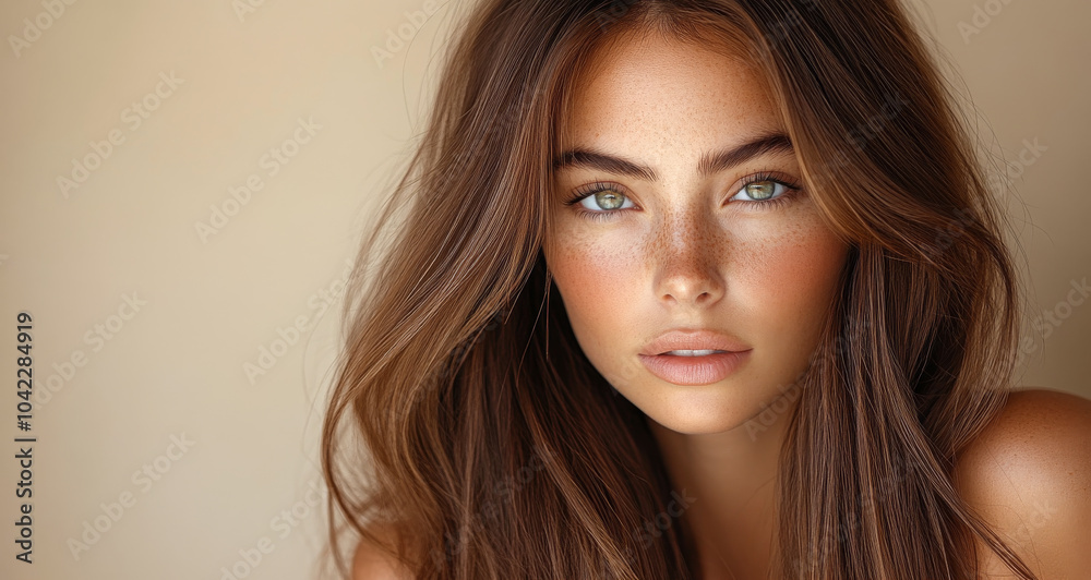 Fototapeta premium A woman with long brown hair and green eyes. She has a tan complexion and is wearing a sleeveless top