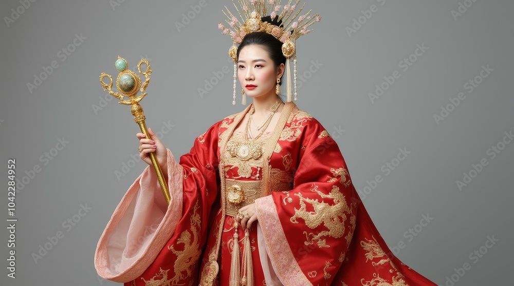 Elegant woman in traditional red attire holding a royal staff poses against a neutral background, showcasing intricate cultural details Elegant woman in traditional red attire holding a royal staff poses against a neutral background, showcasing intricate cultural details