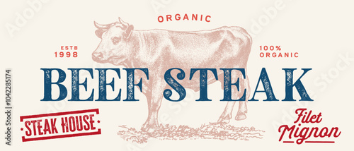 Cow, bull, beef set. Beef Steak, burger. Livestock, cattle illustration. Animal grazing, vintage retro print. Cow, Bull Vector illustration, Side view profile beef bull. Meat packaging label design.