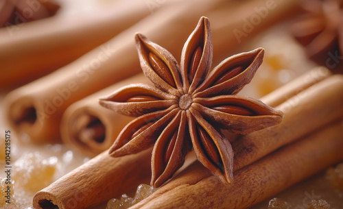 Fototapeta Naklejka Na Ścianę i Meble -  A close up of a star shaped spice called star anise. The spice is surrounded by cinnamon sticks