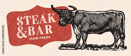 Cow, bull, beef set. Beef Steak, burger. Livestock, cattle illustration. Animal grazing, vintage retro print. Cow, Bull Vector illustration, Side view profile beef bull. Meat packaging label design.