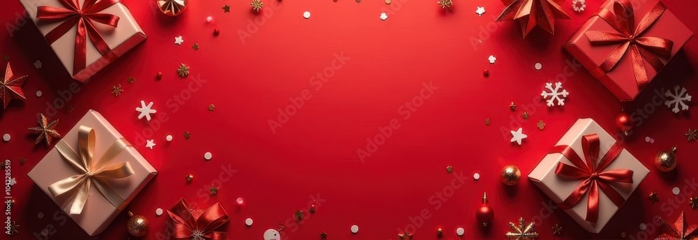 gift boxes with red ribbons, Christmas balls, confetti on on a red background, top view, copy space, minimalistic flat frame for Christmas banner gift boxes with red ribbons, Christmas balls, confetti on on a red background, top view, copy space, minimalistic flat frame for Christmas banner