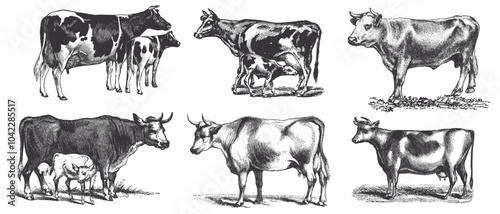 Cow, bull, beef head drawing set. Beef Steak, burger. Livestock, cattle illustration. Animal grazing, vintage retro print, vector art. Side view profile beef bull. Meat packaging label design.