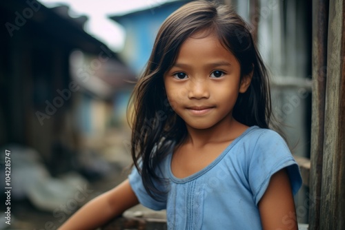 Portrait of a little asian girl with blue shirt in the street.