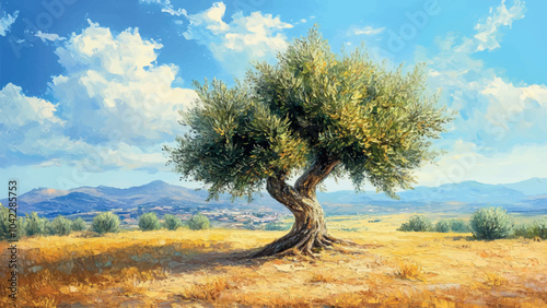 Lush Olive Tree Against a Vast Dry Meadow Oil Painting on Canvas Illustration. Greece Italy Spain Nature Landscape. Rest Mind Place