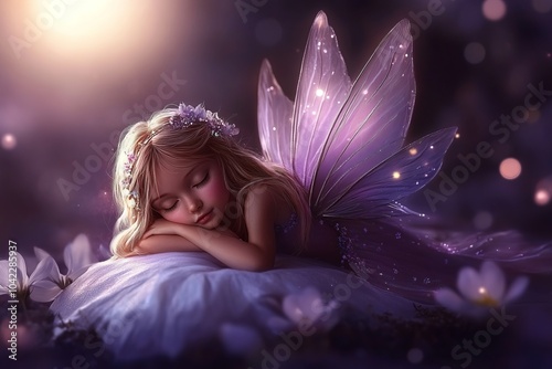 Tiny Fairy Resting on a Flower Petal Under Moonlight