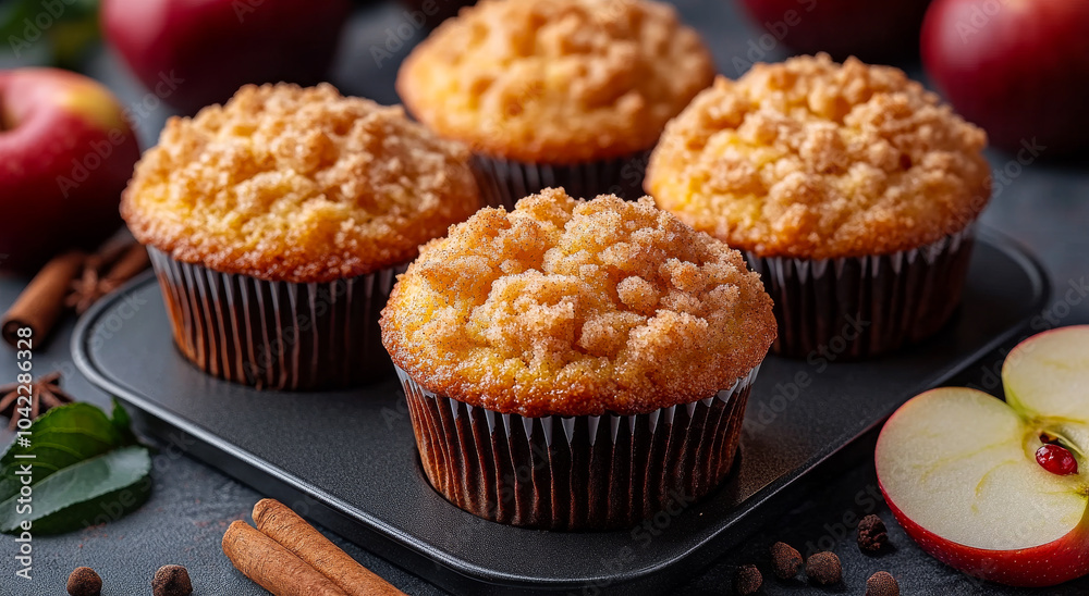 Four muffins with cinnamon sugar on top sit on a black tray. A single apple sits next to the muffins Four muffins with cinnamon sugar on top sit on a black tray. A single apple sits next to the muffins