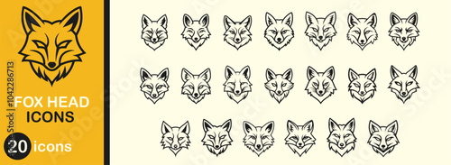 Fox head icon set. Creative drawing emblem cute vector illustration. Cartoon face sign animals and wild design foxy style. Mascot zoo animals and simple business shape