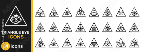 Triangle eye icon set. Black line icon collection pyramid occult and illuminati providence. Vector illustration spiritual freemason or emblem secret world. Magic seeing society drawing