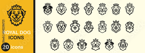 Royal dog icon set. Luxury black element silhouette and head domestic mammal. Adorable doggy character with crown. Puppy king and cute vector illustration face drawing