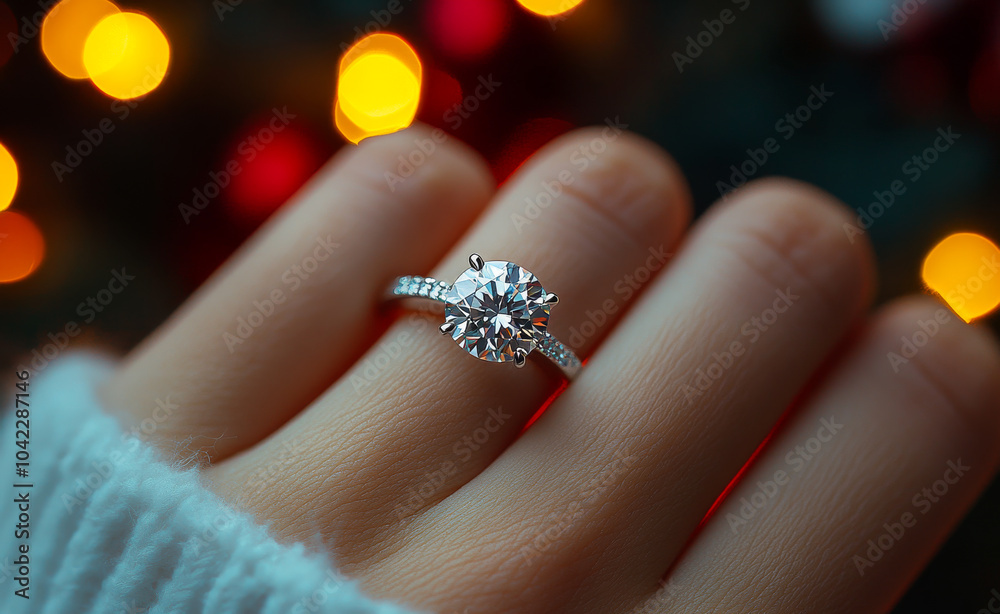 A woman is holding a ring with a large diamond in it. The ring is set with a band of gold and has a diamond in the center. The woman is wearing a white sweater and the background is blurry A woman is holding a ring with a large diamond in it. The ring is set with a band of gold and has a diamond in the center. The woman is wearing a white sweater and the background is blurry