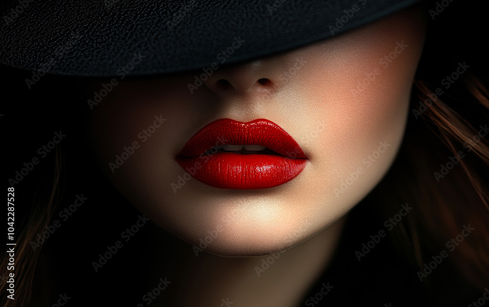 A woman with a bold red lipstick and a black hat is the main focus of the image. The hat is positioned above her nose, creating a dramatic and stylish look A woman with a bold red lipstick and a black hat is the main focus of the image. The hat is positioned above her nose, creating a dramatic and stylish look