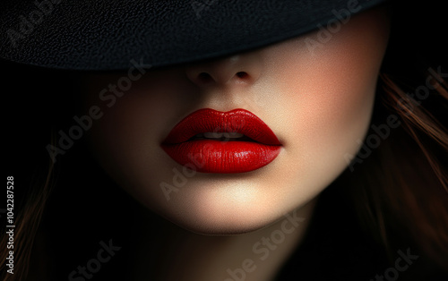 A woman with a bold red lipstick and a black hat is the main focus of the image. The hat is positioned above her nose, creating a dramatic and stylish look
