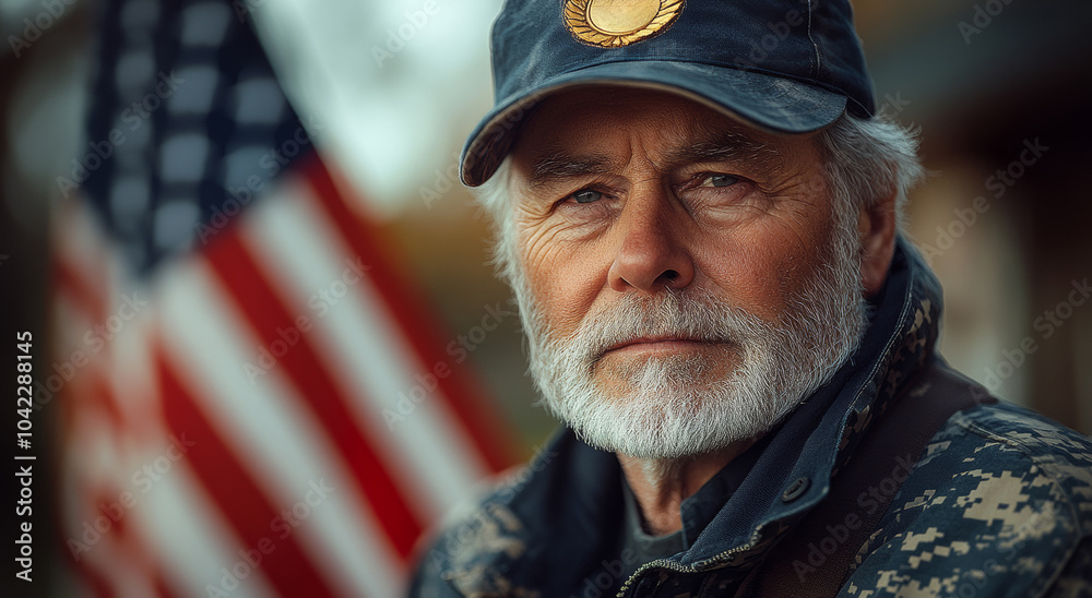 A man with a military hat and a flag behind him. He looks serious. The flag is red, white and blue A man with a military hat and a flag behind him. He looks serious. The flag is red, white and blue