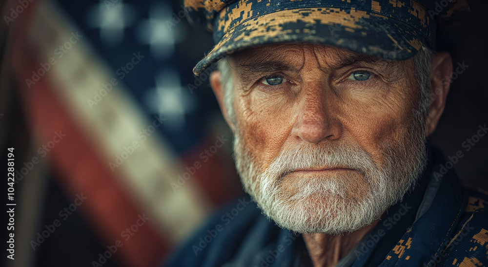 A man with a military hat and a beard is standing in front of an American flag. He looks tired and sad A man with a military hat and a beard is standing in front of an American flag. He looks tired and sad