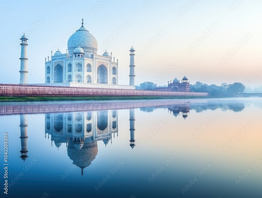 Fototapeta premium A stunning view of the Taj Mahal with its reflection in calm water during sunrise, showcasing its magnificent architecture and serene beauty.