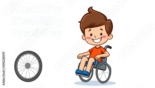 Wheelchair-accessible smiling cartoon boy with muscular dystrophy iconic symbol, promoting disability awareness, diversity, equality, and inclusive representation in a colorful illustration. photo