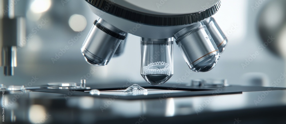 Closeup of a microscope lens with a glass slide and a sample in a test tube. Closeup of a microscope lens with a glass slide and a sample in a test tube.