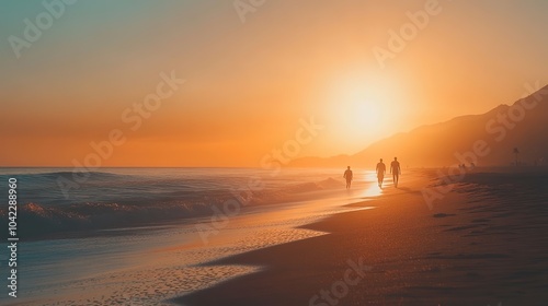 Silhouetted figures walking along a tranquil beach during a vibrant sunset in a tropical setting