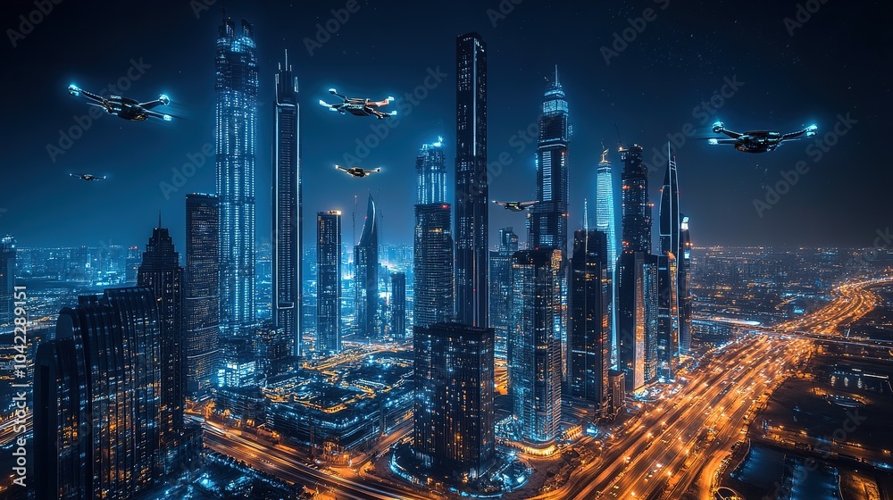 Fototapeta premium Vibrant city skyline illuminated at night with bustling traffic and towering buildings in a modern metropolis