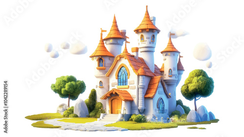Magical Castle On White Background Featuring A Fantasy Cartoon Illustration Of A Whimsical Castle With Colorful Turrets Glittering Stars And Enchanted Forest Elements