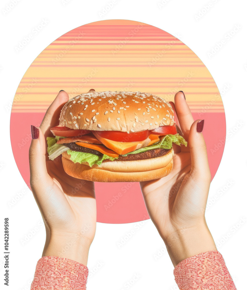 PNG Collage Retro dreamy hands holding burger food hamburger freshness. PNG Collage Retro dreamy hands holding burger food hamburger freshness.