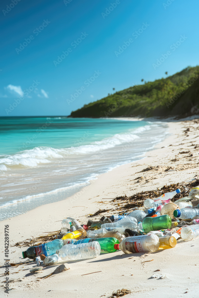 Obraz premium Sunny sandy beach with trash. Dirty beach, bottles and wrappers, environmental pollution