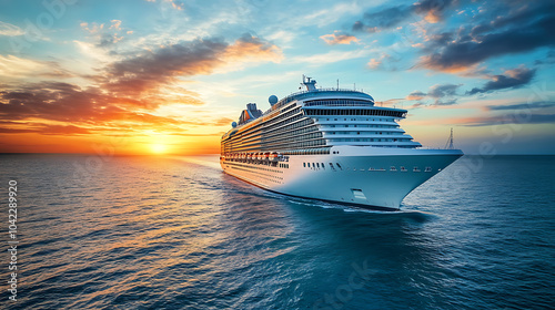 Majestic cruise ship sailing under a vibrant sunset on calm ocean waters. photo