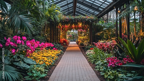 Vibrant tropical flowers blooming in a lush garden during golden hour with sunlight illuminating their colors